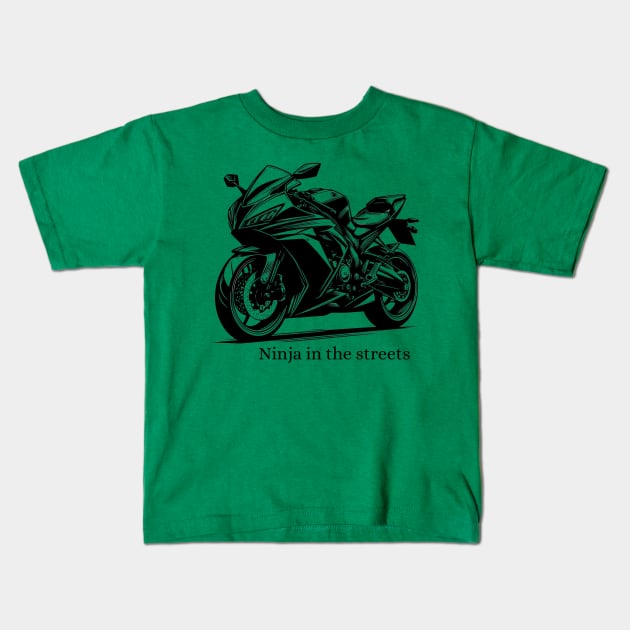 Ninja In The Streets Motorbike Black Work Minimalist Ink Kids T-Shirt by BlackWork